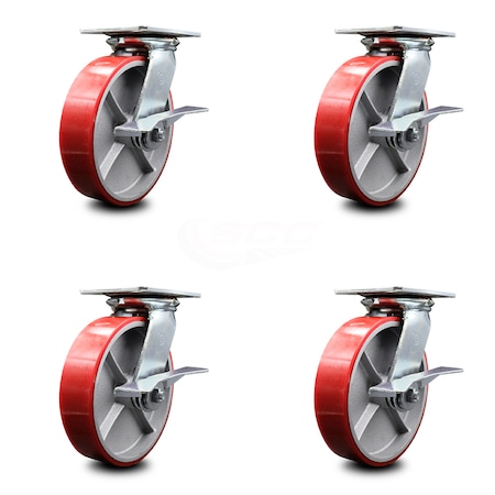 Service Caster 8 Inch Heavy Duty Red Poly on Cast Iron Caster Set with Ball Bearing and Brake SCC-35S820-PUB-RS-SLB-4